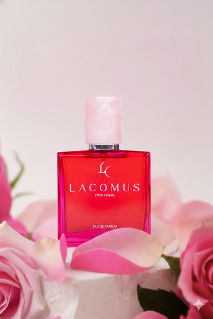 Lacomus Pour Femme women's perfume bottle surrounded by fresh roses for romantic product presentation